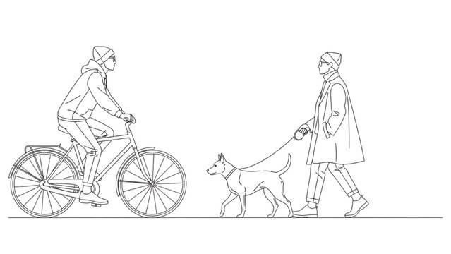 Cyclist rides past woman walking 2D AutoCAD dog on leash