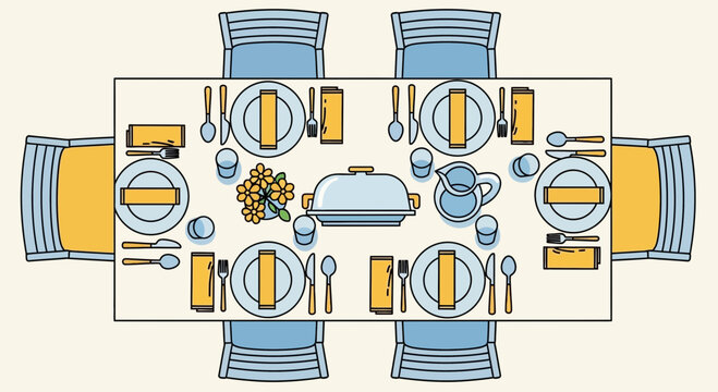Dining table setting, formal tableware, blue and yellow, vector illustration, restaurant setup