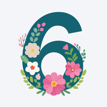 Number 6 Decorated with Flowers