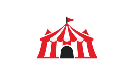 Modern flat vector icon illustration of a classic red and white striped circus tent big top with a flag on top, isolated on a white background for carnival, amusement park, and festival design. © MDRAISULISIAM