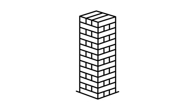 Minimalist Jenga Tower Vector Icon with Editable Stroke. A clean black line illustration of a tall wooden block stacking game on a white background, ideal for concepts of strategy and balance.