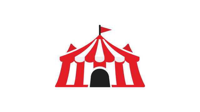 Modern flat vector icon illustration of a classic red and white striped circus tent big top with a flag on top, isolated on a white background for carnival, amusement park, and festival design.