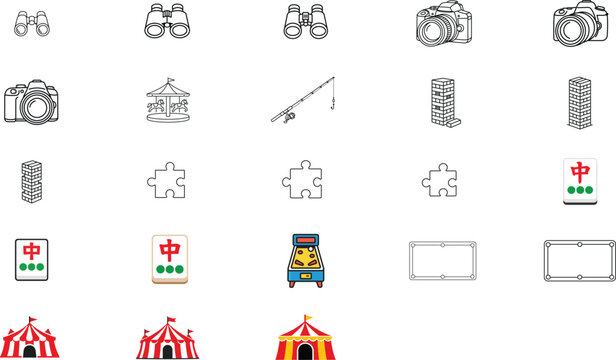 23 Hand-Drawn Vector Icon Set Bundle: Minimalist Black Line Icons of Binoculars, Camera, Fishing Rod, Jenga, Puzzle, Carousel, Mahjong, Pinball, Pool Table, Circus Tent with Editable Stroke