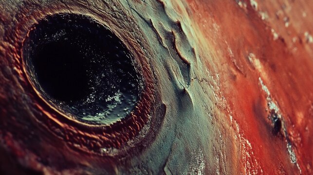 High-grain macro abstract photograph with deep red, brown and muted green tones, dark curved circular highlight element on left, gradual bright color transition on right, dense white flecks