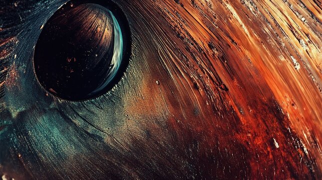 High-grain macro abstract photograph with deep red, brown and muted green tones, dark curved circular highlight element on left, gradual bright color transition on right, dense white flecks