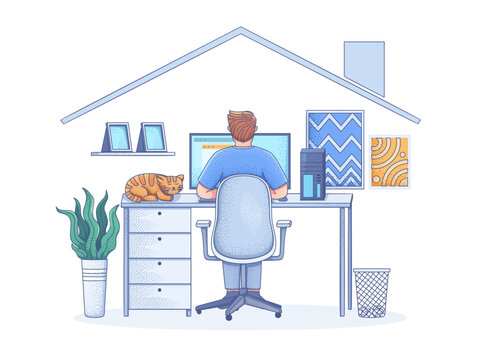 A male freelancer is working from home on a desktop computer in his home office, in a cozy atmosphere, with his pet cat sleeping beside him while he works.