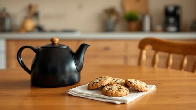 A black teapot and chocolate chip cookies on a wooden table.