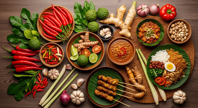 Delicious Southeast Asian street food spread.