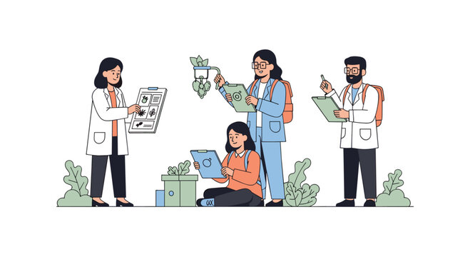 Group of four scientists, two in lab coats, studying plants and clipboards in a natural outdoor environment with green foliage.