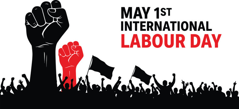 raised fists and crowd silhouette for may 1st international labour day
