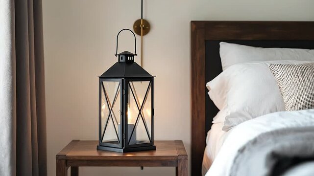 A lantern on a bedside table next to a bed. Cozy bedroom interior.
