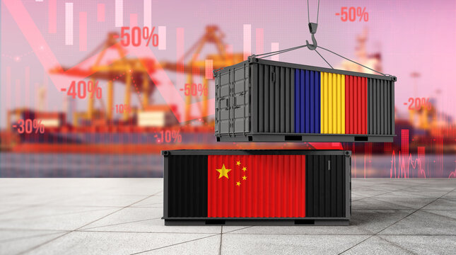 Trade Tensions: Two shipping containers, one emblazoned with the Chinese flag and the other with the flag of Romania.