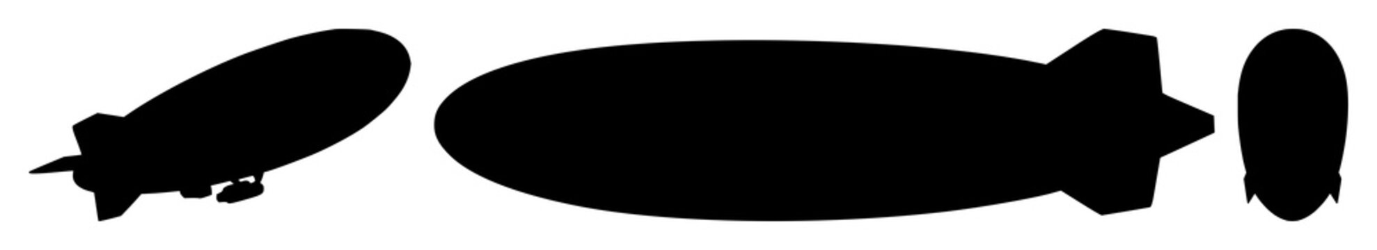 Blimp set with black silhouette on white background featuring airship, aerostat, blimp with aviation and advertising