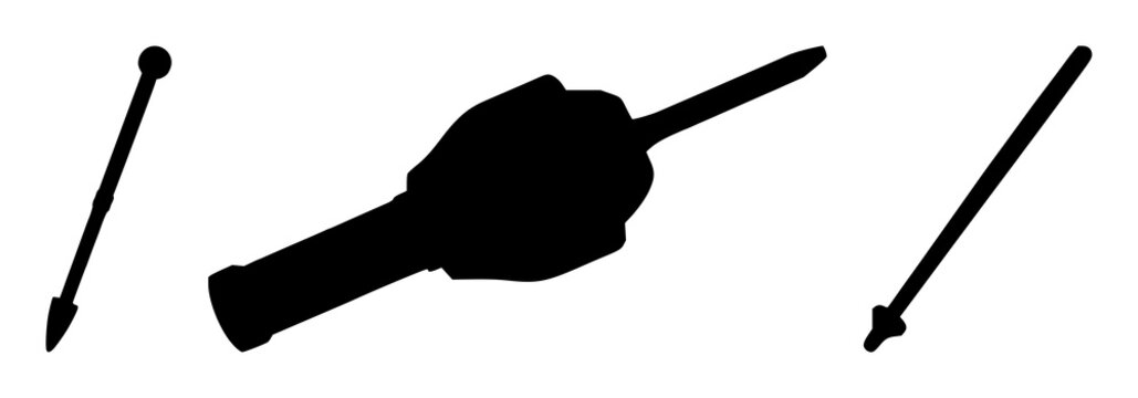Joystick set with black silhouette against white background featuring gaming device, controller icon, retro style with linear art and monochrome