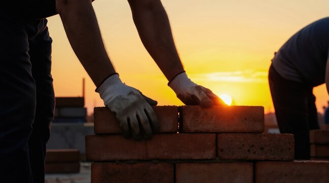 Mason worker in gloves places bricks on building site at sunset. Construction worker adds material to wall. Man works on project outdoors with warm sky.