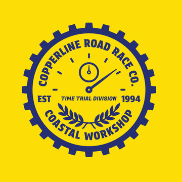 Vintage gear-shaped racing badge with stopwatch, laurel wreath, bold typography. Est. 1994. Navy on yellow, vector.