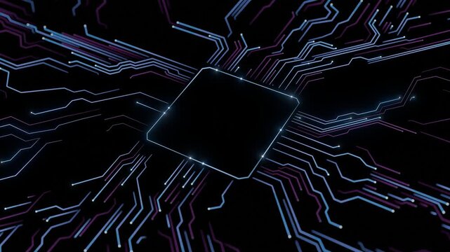 Futuristic microchip processor with glowing circuit connections on dark background for advanced computing, artificial intelligence, and data processing.Seamless loop. Created using non-AI 3d software