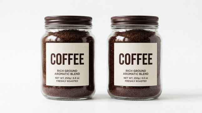 Two glass jars of rich ground coffee blend on white background in natural daylight