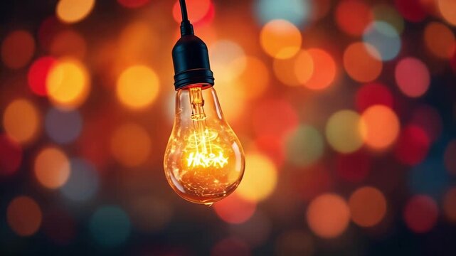 A glowing incandescent light bulb against a bokeh background with warm colors.