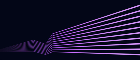 Abstract glowing purple parallel lines with a sharp angular bend on a dark navy background, forming a dynamic geometric composition in minimal vector style. © Mykola Mazuryk