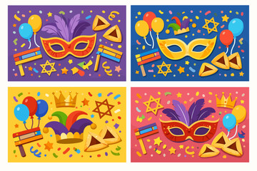 Obraz premium Happy Purim Greeting Cards Set with Masquerade Masks, Hamantaschen Cookies, Graggers, and Star of David. Festive Jewish Holiday Celebration Backgrounds with Colorful Confetti and Balloons.