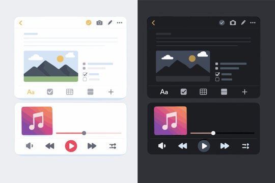 Apple Notes and Apple Music UI Mockup on iPhone with Light and Dark Mode Interface. Vector illustration of mobile application design featuring music player controls, note editing, and checklists.