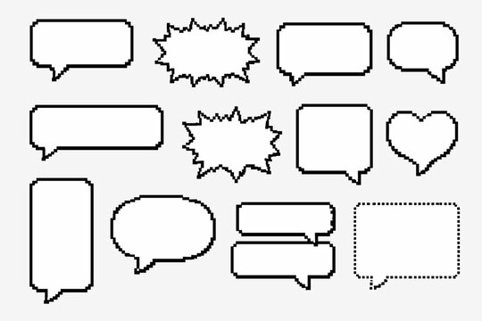 Collection of Blank Pixel Art Speech Bubbles and Text Boxes. Retro 8-bit Style Dialogue Frames for Games, Apps, and Social Media. Set of Empty Pixelated Chat Bubbles, Heart, and Shout Shapes.
