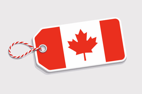 Canadian flag price tag label vector illustration. Red maple leaf national symbol on white hanging tag with red and white string. Isolated on light background for commerce, retail, and sales.