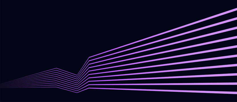Abstract glowing purple parallel lines with a sharp angular bend on a dark navy background, forming a dynamic geometric composition in minimal vector style.