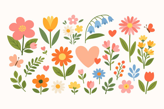 Cute Hand Drawn Floral Collection with Colorful Flowers, Leaves, Hearts, and Butterflies for Mother's Day Posters. Trendy Botanical Vector Illustration with Simple Shapes and Spring Blossoms.
