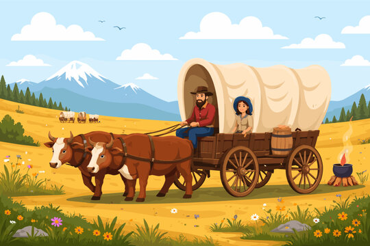 Vector illustration of a pioneer couple in a covered wagon pulled by oxen across the American frontier prairie with snow-capped mountains, campfire, and wildflowers for history education.