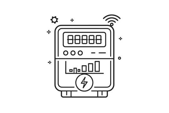 Smart Electricity Meter Outline Vector Icon. Digital Electric Meter with Wi-Fi Signal and Energy Consumption Graph. Minimalist Flat Illustration for Power Monitoring and Utility Management.