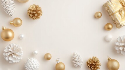 Obraz premium Christmas winter holiday composition with evergreen decorations, gifts, and copy on white background space