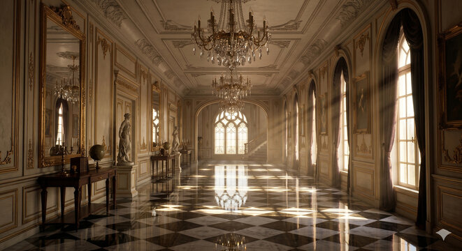 パストレーシング技術で描かれた、太陽光が差し込む壮大な洋館の廊下の3DCGイラスト