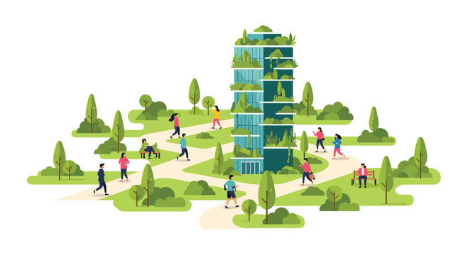 A vertical garden skyscraper integrated with a park, featuring people walking and relaxing on pathways, showcasing a harmonious blend of nature and urban living.