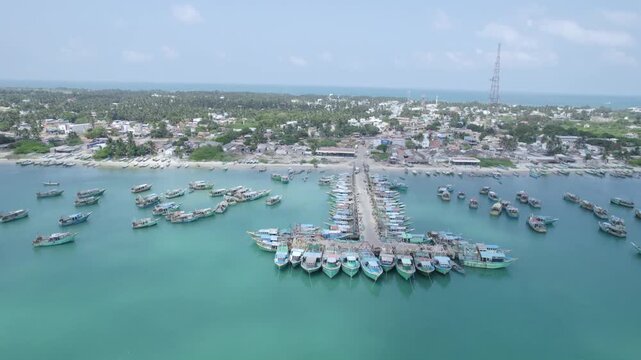 Wide Angle Aerial View of Rameswaram Harbour with Boats and Blue Sea