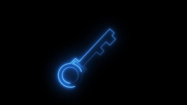 Glowing neon line Key icon isolated on black background. security privacy password protection safety animated. Neon blue key Animation on Black Background. 4K Video motion graphic