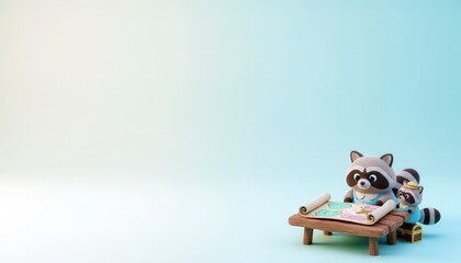 Fototapeta premium Cute raccoons studying treasure map together