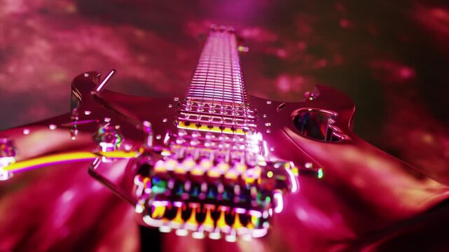 Stunning electric guitar with a shiny, reflective surface slowly rotating against a vibrant, abstract background of pink and yellow clouds, creating a dreamlike and musical visual concept