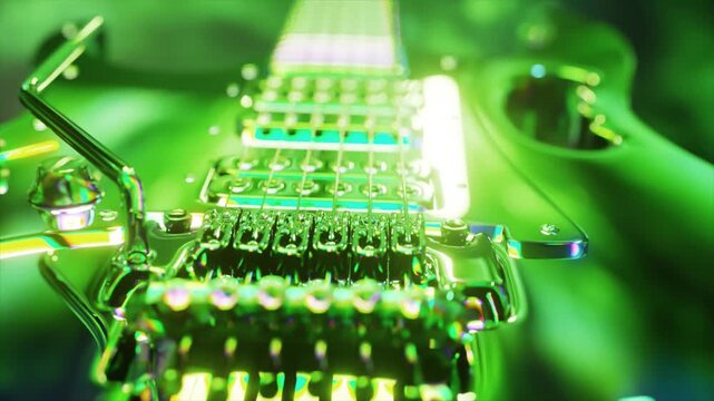 Macro view slowly revealing a stunning green electric guitar made of transparent glass, with shiny metal details and vibrant reflections, creating a surreal and futuristic musical concept