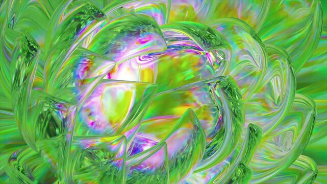 Shiny, glossy animation featuring an abstract crystal-like flower with a green and iridescent texture, creating a mesmerizing and colorful looping background with beautiful light refraction