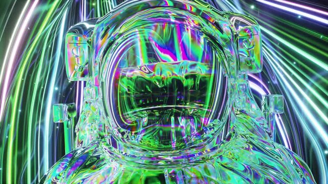 Iridescent diamond astronaut floating through a futuristic wormhole with vibrant, glowing green and purple neon light trails, creating a seamless, surreal, and psychedelic visual loop