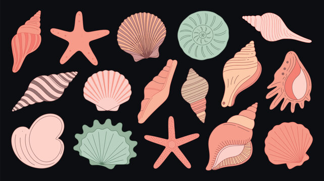 pastel seashell vector collection, hand drawn marine silhouettes, vintage coastal collage style, elegant summer beach design elements for invitations, menu covers, posters, and trendy packaging.