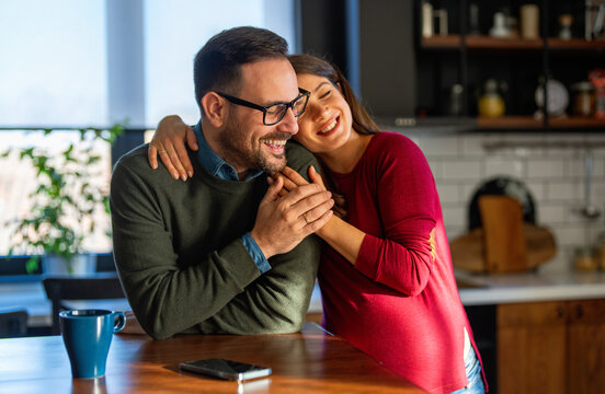 Expectation, wanted pregnancy. Young happy couple man and woman in love can't wait to become parents