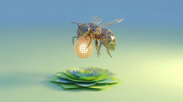 Robotic bee with data node for environmental tech concept, AI generated