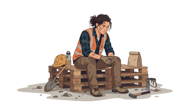 Exhausted Construction Worker Taking Break On Pallet Seating Reflecting Hard Labor And Industry Challenges