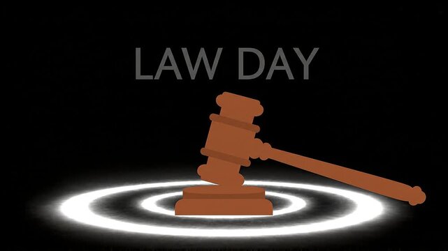 Stylized graphic illustration of a wooden judge's gavel resting on an illuminated target, representing law, justice, and legal proceedings, perfect for Law Day events and themes