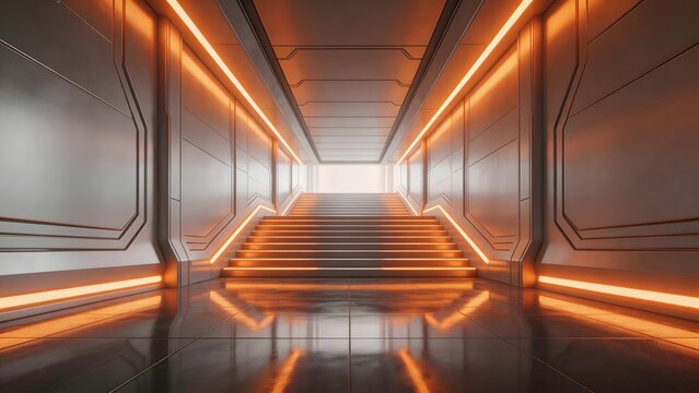 Futuristic corridor with glowing steps