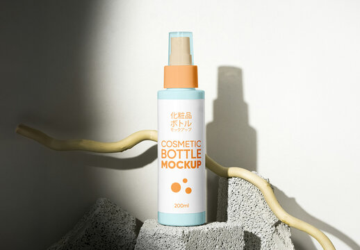 Spray Bottle on Rock Mockup