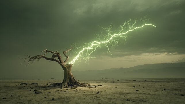 A lone, ancient skeletal tree is struck by vibrant green lightning in a desolate desert landscape under an ominous storm sky.